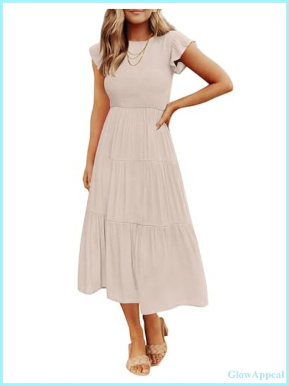 Women's Smocked Midi Dress Flutter Short Sleeve Casual Summer